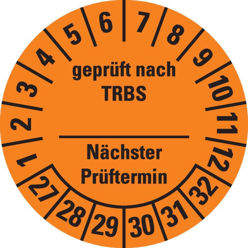 Prüfplakette TRBS nächster Prüftermin, Selbstbeschriften, 27-32,orange, Dokumentenfolie, Ø30mm, 18/Bogen