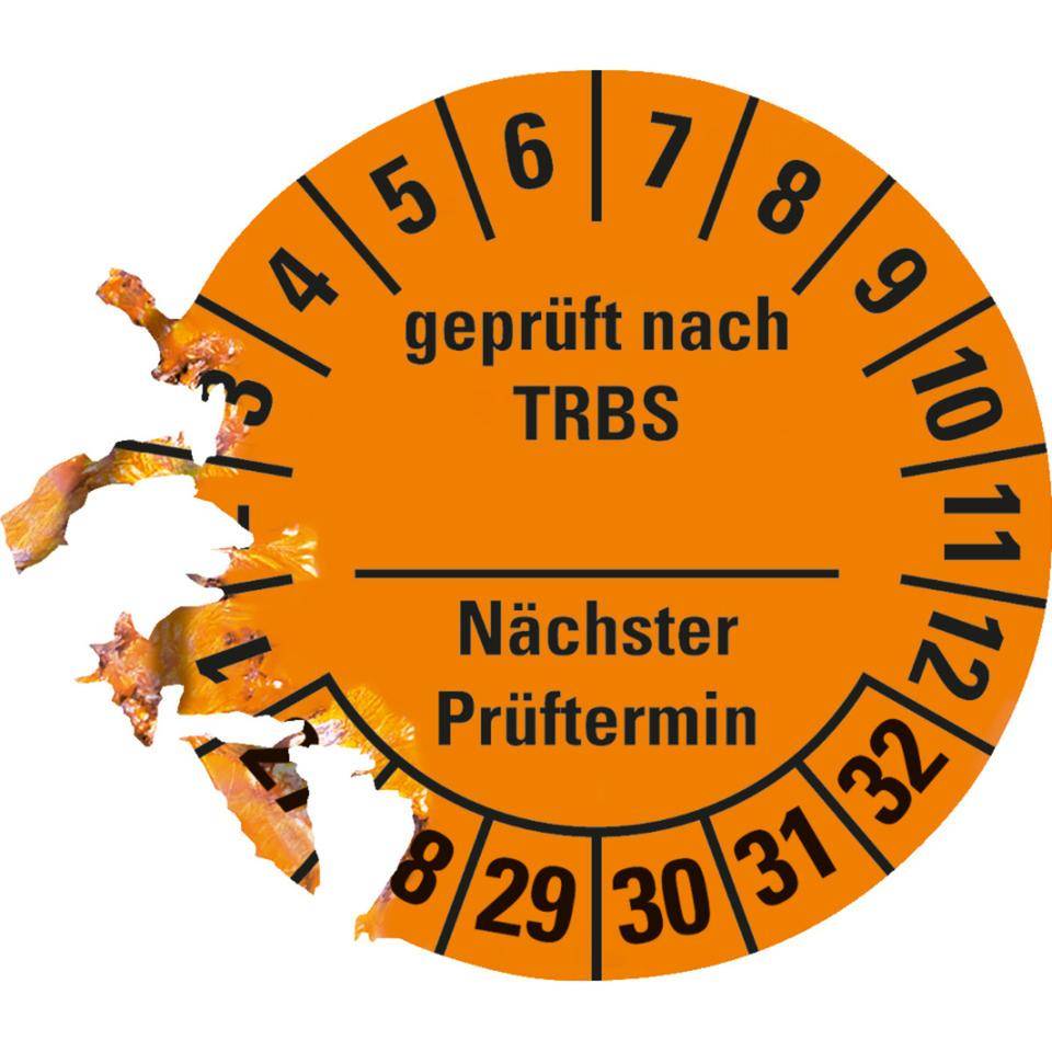 Prüfplakette TRBS nächster Prüftermin, Selbstbeschriften, 27-32,orange, Dokumentenfolie, Ø30mm, 18/Bogen