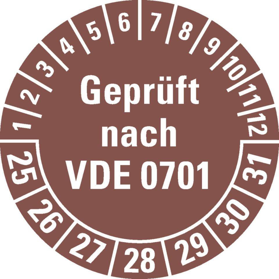 Prüfplakette geprüft nach VDE 0701,25-31,braun,Dokumentenfolie,Ø 30mm,500/Rolle
