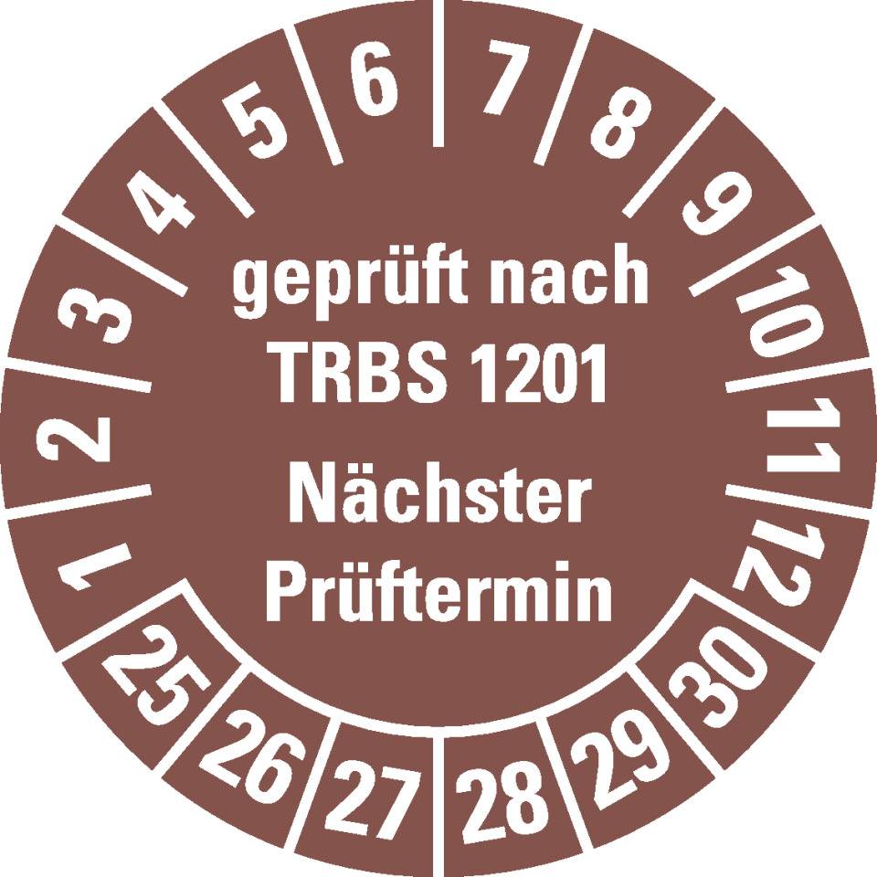 Prüfplakette TRBS 1201 nächster Prüftermin 25-30, braun, Dokumentenfolie, Ø30mm, 18/Bogen