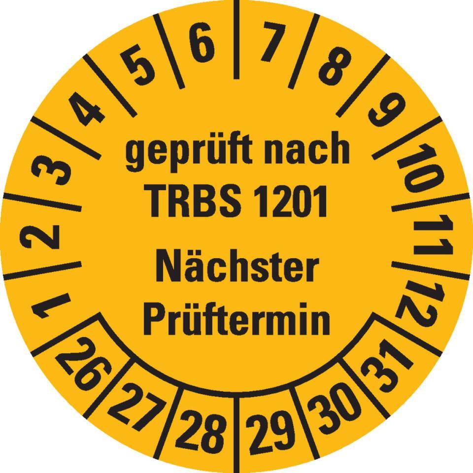 Prüfplakette TRBS 1201 nächster Prüftermin 26-31, gelb, Dokumentenfolie, Ø30mm, 18/Bogen