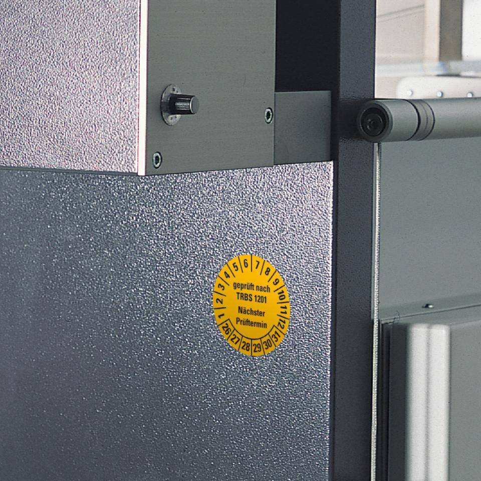 Prüfplakette TRBS 1201 nächster Prüftermin 26-31, gelb, Dokumentenfolie, Ø30mm, 18/Bogen