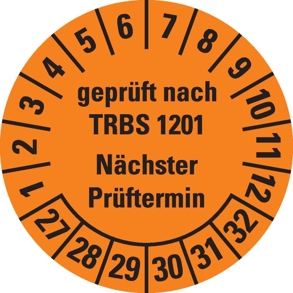 Prüfplakette TRBS 1201 nächster Prüftermin 27-32, orange, Dokumentenfolie, Ø30mm, 18/Bogen