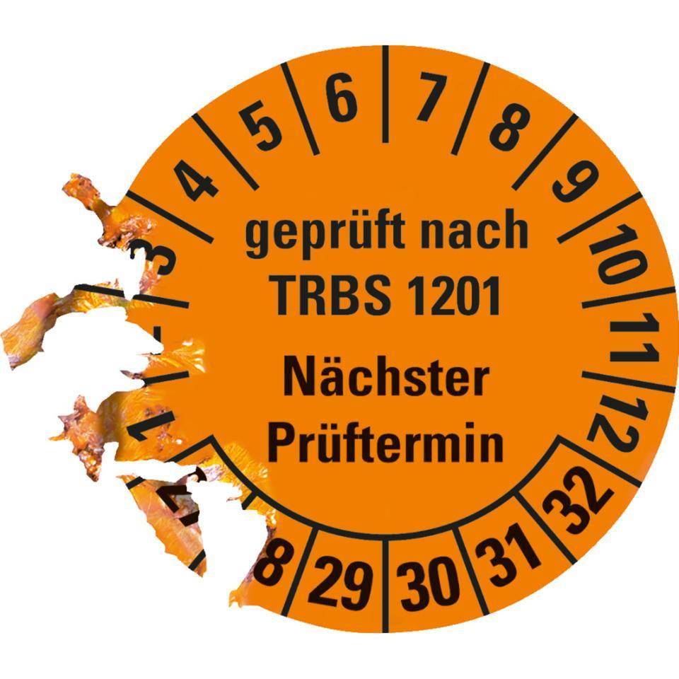 Prüfplakette TRBS 1201 nächster Prüftermin 27-32, orange, Dokumentenfolie, Ø30mm, 18/Bogen