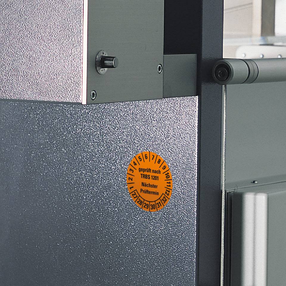 Prüfplakette TRBS 1201 nächster Prüftermin 27-32, orange, Dokumentenfolie, Ø30mm, 18/Bogen