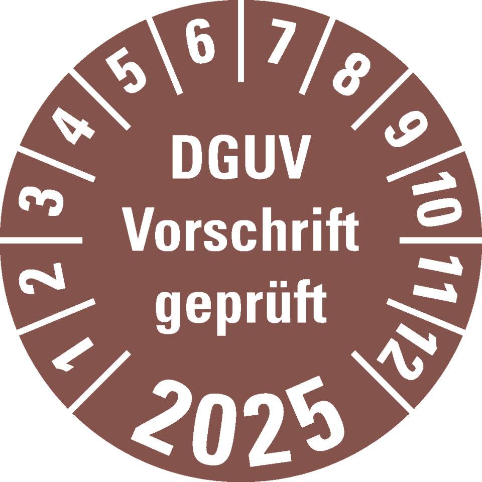 Prüfplakette DGUV Vorschrift (ehemals UVV) geprüft, 2025, braun, Dokumentenfolie, Ø 30mm, 18/Bogen