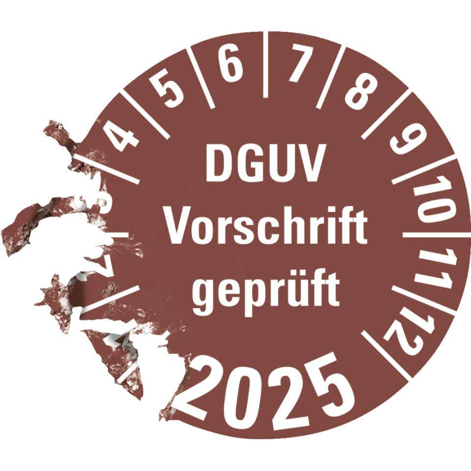 Prüfplakette DGUV Vorschrift (ehemals UVV) geprüft, 2025, braun,Dokumentenfolie, Ø 30mm, 18/Bogen