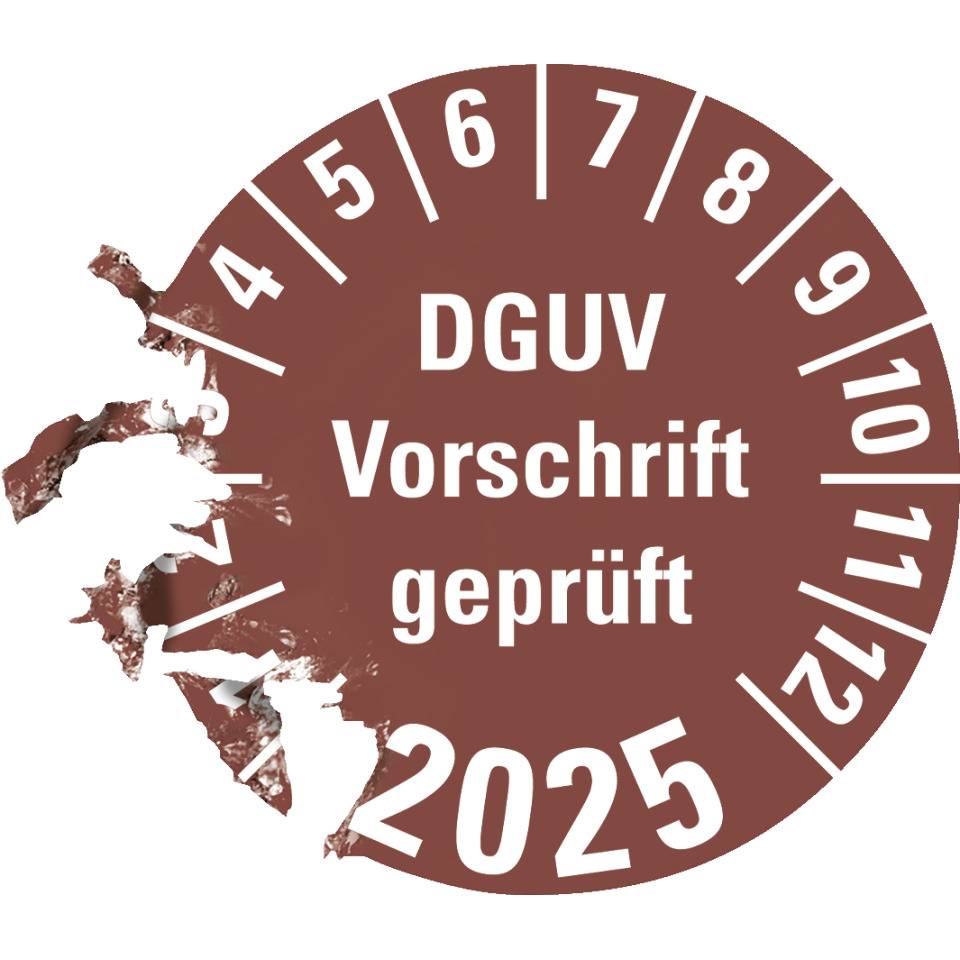 Prüfplakette DGUV Vorschrift (ehemals UVV) geprüft, 2025, braun, Dokumentenfolie, Ø 30mm, 18/Bogen