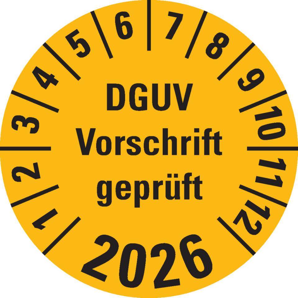 Prüfplakette DGUV Vorschrift (ehemals UVV) geprüft, 2026, gelb, Dokumentenfolie, Ø 30mm, 18/Bogen