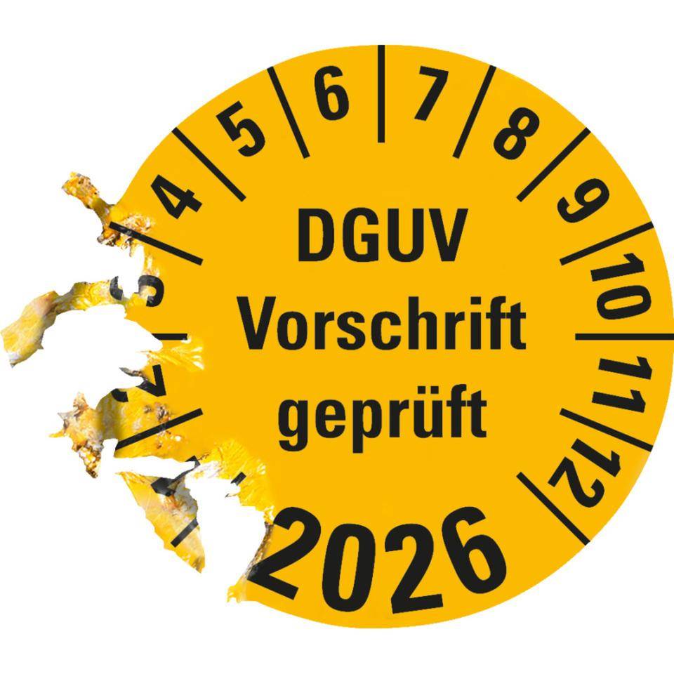 Prüfplakette DGUV Vorschrift (ehemals UVV) geprüft, 2026, gelb, Dokumentenfolie, Ø 30mm, 18/Bogen