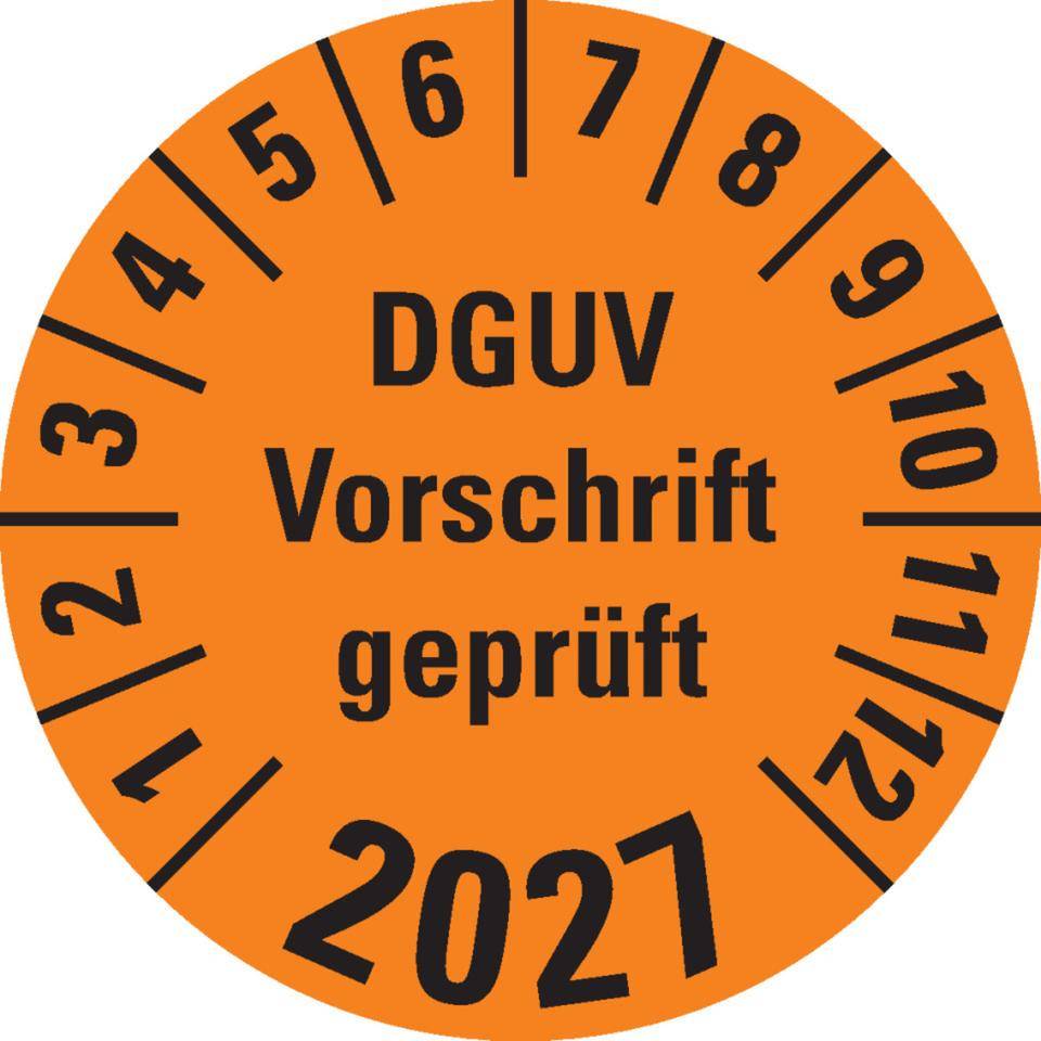 Prüfplakette DGUV Vorschrift (ehemals UVV) geprüft, 2027, orange, Dokumentenfolie, Ø 30mm, 18/Bogen