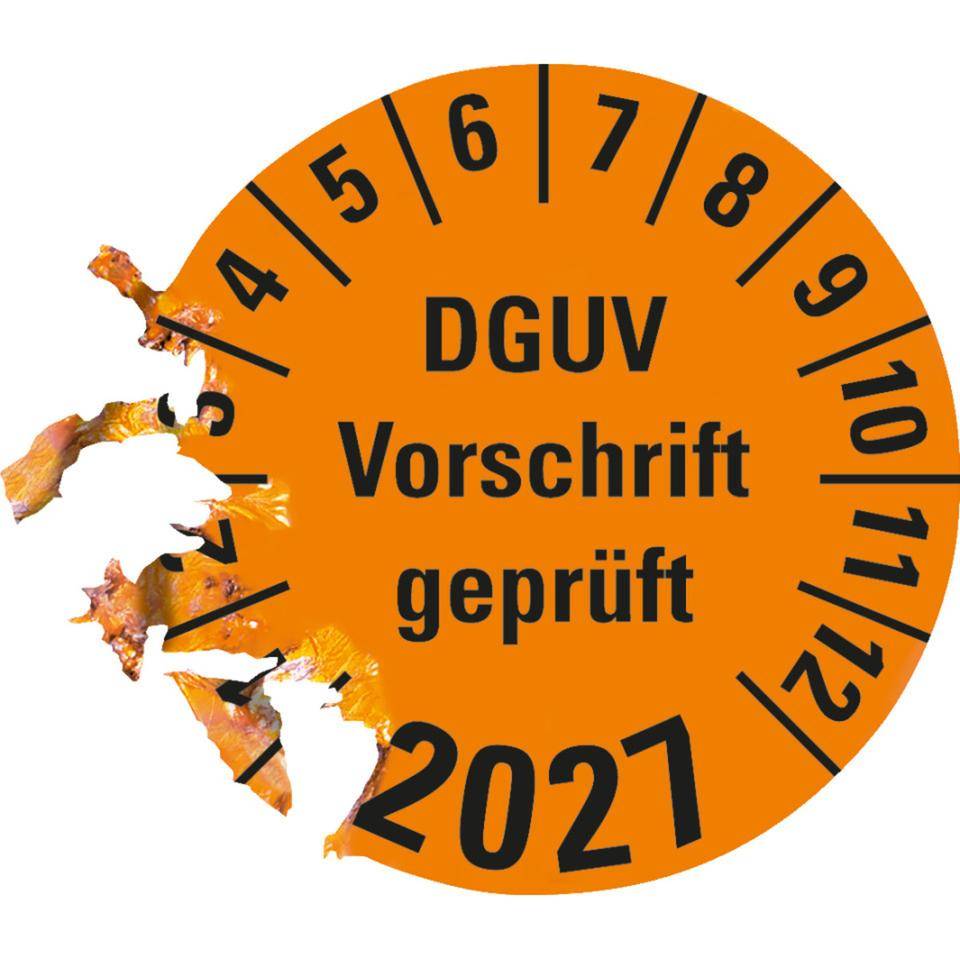 Prüfplakette DGUV Vorschrift (ehemals UVV) geprüft, 2027, orange, Dokumentenfolie, Ø 30mm, 18/Bogen