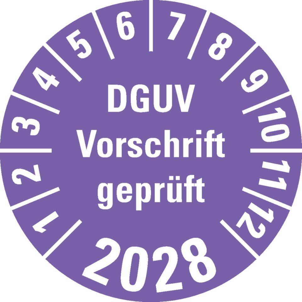 Prüfplakette DGUV Vorschrift geprüft 2028, violett, Dokumentenfolie, Ø 30mm, 18/Bogen
