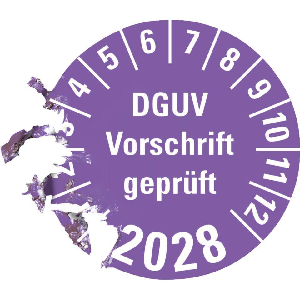 Prüfplakette DGUV Vorschrift geprüft 2028, violett, Dokumentenfolie, Ø 30mm, 18/Bogen