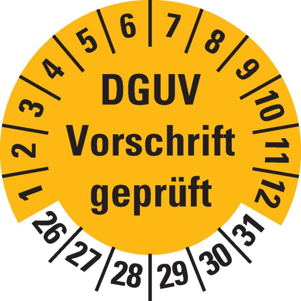 Prüfplakette DGUV Vorschrift (ehemals UVV) geprüft, 26-31, gelb,Dokumentenfolie, Ø 30mm, 18/Bogen