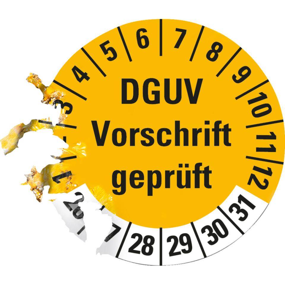 Prüfplakette DGUV Vorschrift (ehemals UVV) geprüft, 26-31, gelb,Dokumentenfolie, Ø 30mm, 18/Bogen