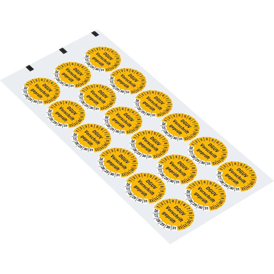 Prüfplakette DGUV Vorschrift (ehemals UVV) geprüft, 26-31, gelb,Dokumentenfolie, Ø 30mm, 18/Bogen