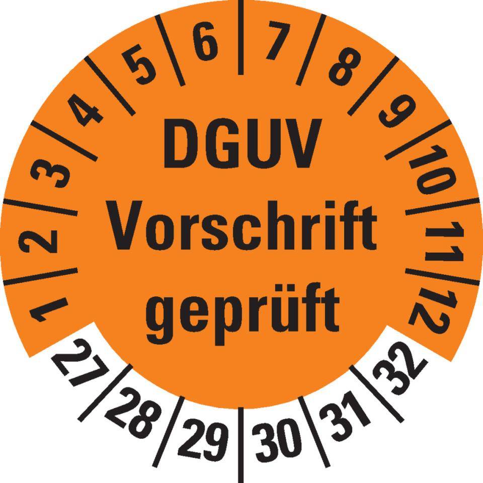 Prüfplakette DGUV Vorschrift (ehemals UVV) geprüft, 27-32, orange, Dokumentenfolie, Ø 30mm, 18/Bogen
