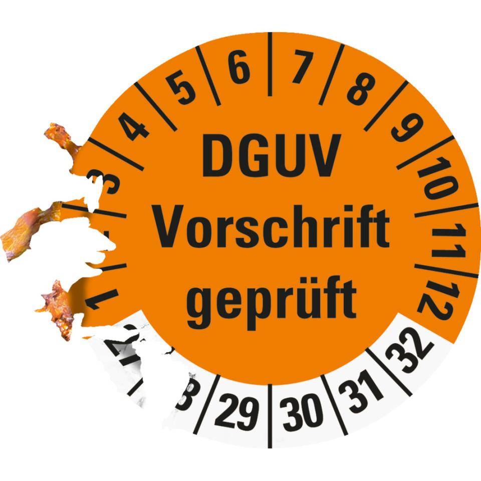 Prüfplakette DGUV Vorschrift (ehemals UVV) geprüft, 27-32, orange, Dokumentenfolie, Ø 30mm, 18/Bogen