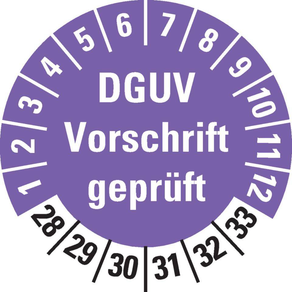 Prüfplakette DGUV Vorschrift geprüft, 28-33, violett, Dokumentenfolie, Ø 30mm, 18/Bogen