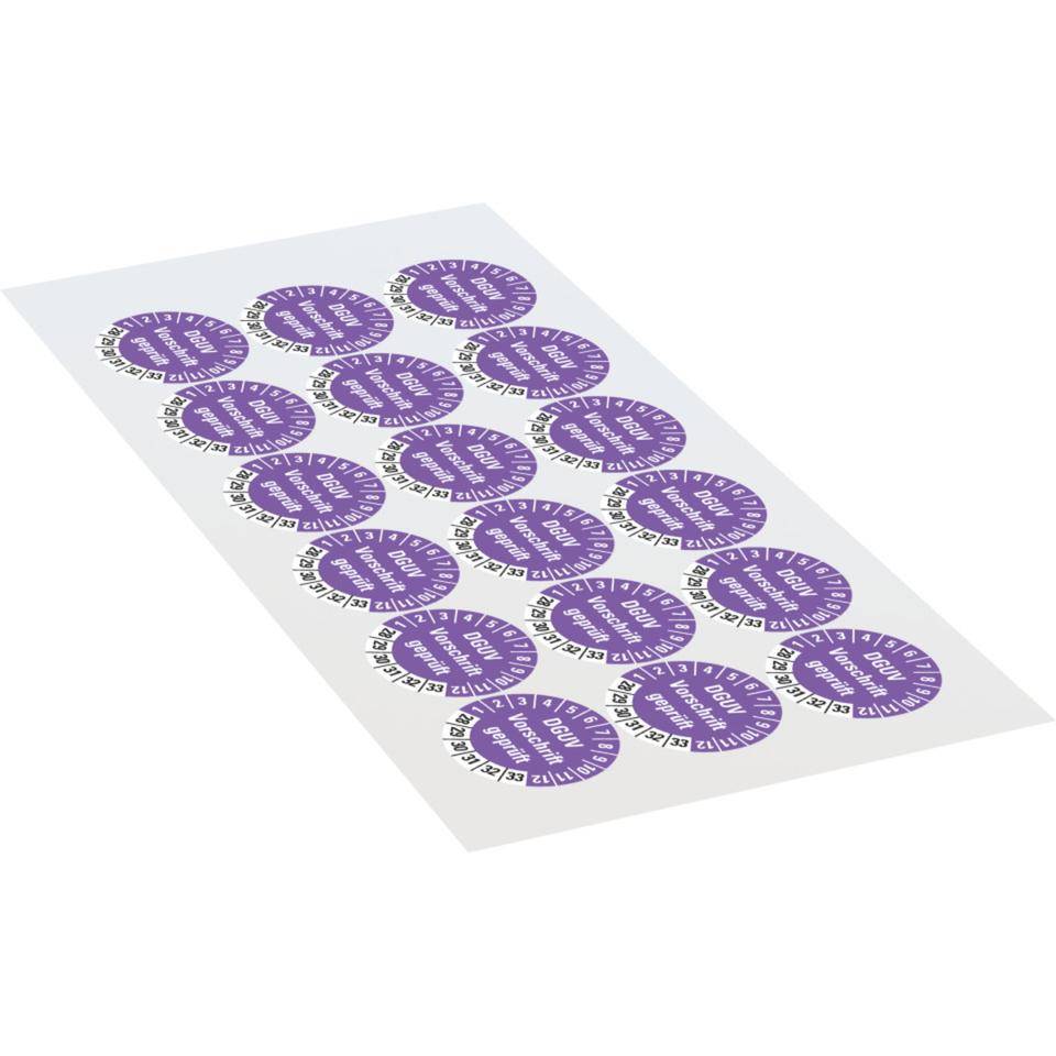 Prüfplakette DGUV Vorschrift geprüft, 28-33, violett, Dokumentenfolie, Ø 30mm, 18/Bogen