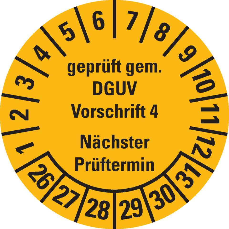 Prüfplakette Geprüft gemäß DGUV Vorschrift 4, 26-31, gelb, Dokumentenfolie, Ø30mm, 18/BOG