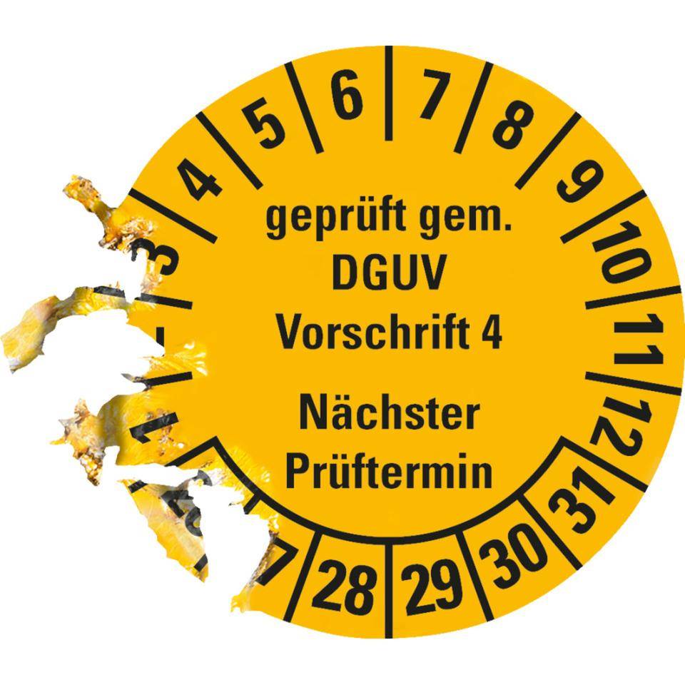 Prüfplakette Geprüft gemäß DGUV Vorschrift 4, 26-31, gelb, Dokumentenfolie, Ø30mm, 18/BOG