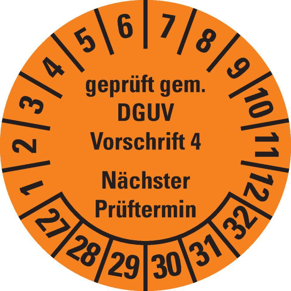 Prüfplakette Geprüft gemäß DGUV Vorschrift 4, 27-32, orange, Dokumentenfolie, Ø30mm, 18/BOG