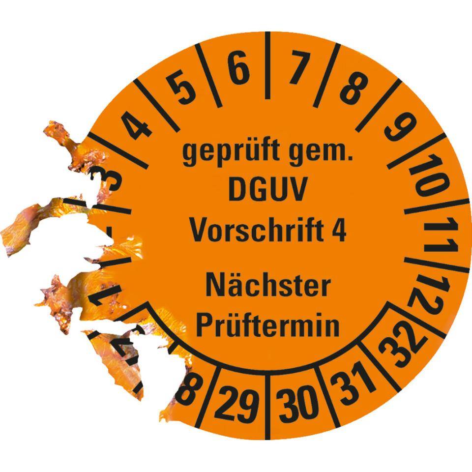 Prüfplakette Geprüft gemäß DGUV Vorschrift 4, 27-32, orange, Dokumentenfolie, Ø30mm, 18/BOG