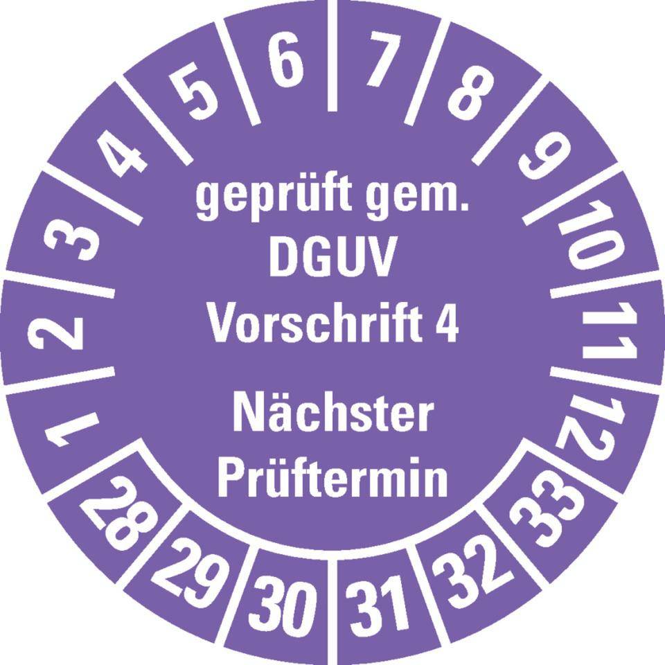 Prüfplakette Geprüft gemäß DGUV Vorschrift 4, 28-33, violett, Dokumentenfolie, Ø30mm, 18/BOG