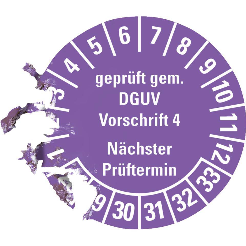 Prüfplakette Geprüft gemäß DGUV Vorschrift 4, 28-33, violett, Dokumentenfolie, Ø30mm, 18/BOG