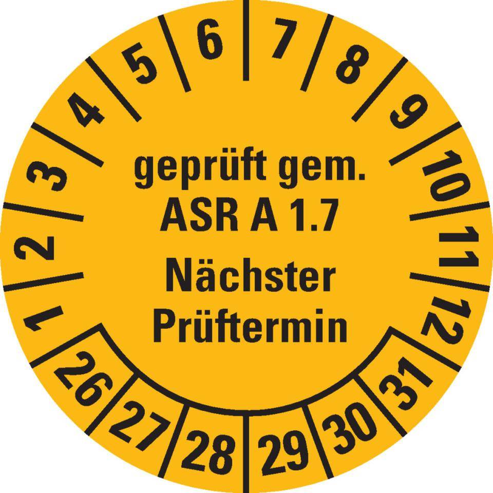Prüfplakette geprüft gemäß ASR A1.7, 26-31, gelb, Dokumentenfolie, Ø30mm, 18/Bogen