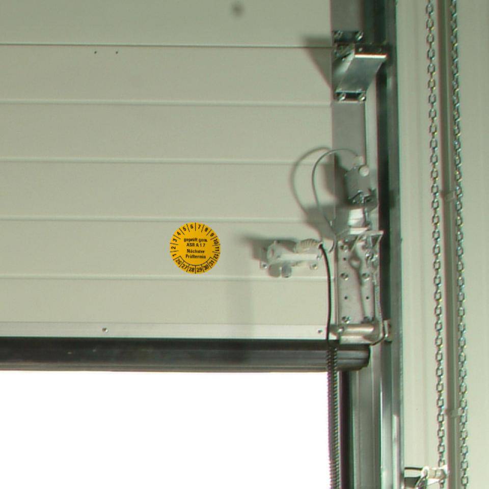 Prüfplakette geprüft gemäß ASR A1.7, 26-31, gelb, Dokumentenfolie, Ø30mm, 18/Bogen