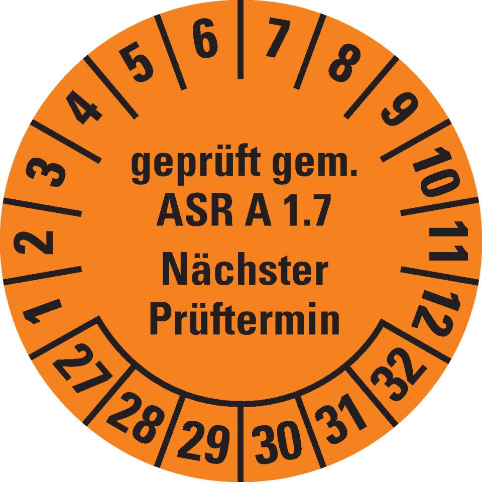 Prüfplakette geprüft gemäß ASR A1.7, 27-32, orange, Dokumentenfolie, Ø30mm, 18/Bogen