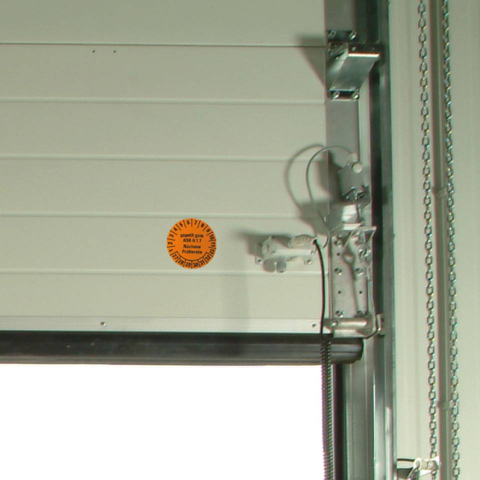 Prüfplakette geprüft gemäß ASR A1.7, 27-32, orange, Dokumentenfolie, Ø30mm, 18/Bogen