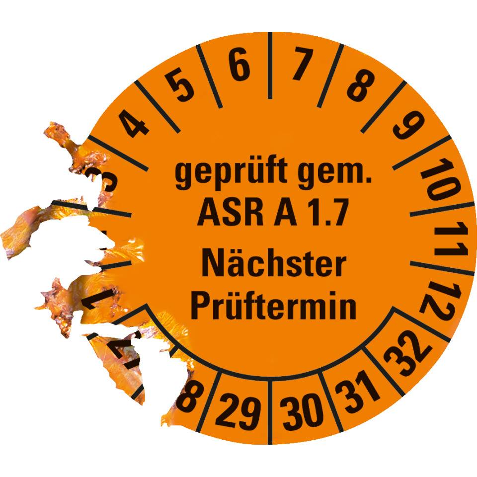 Prüfplakette geprüft gemäß ASR A1.7, 27-32, orange, Dokumentenfolie, Ø30mm, 18/Bogen