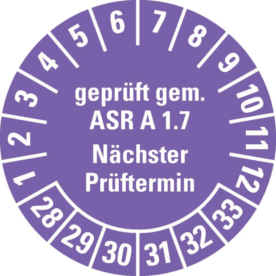 Prüfplakette geprüft gemäß ASR A1.7, 28-33, violett, Dokumentenfolie, Ø30mm, 18/Bogen
