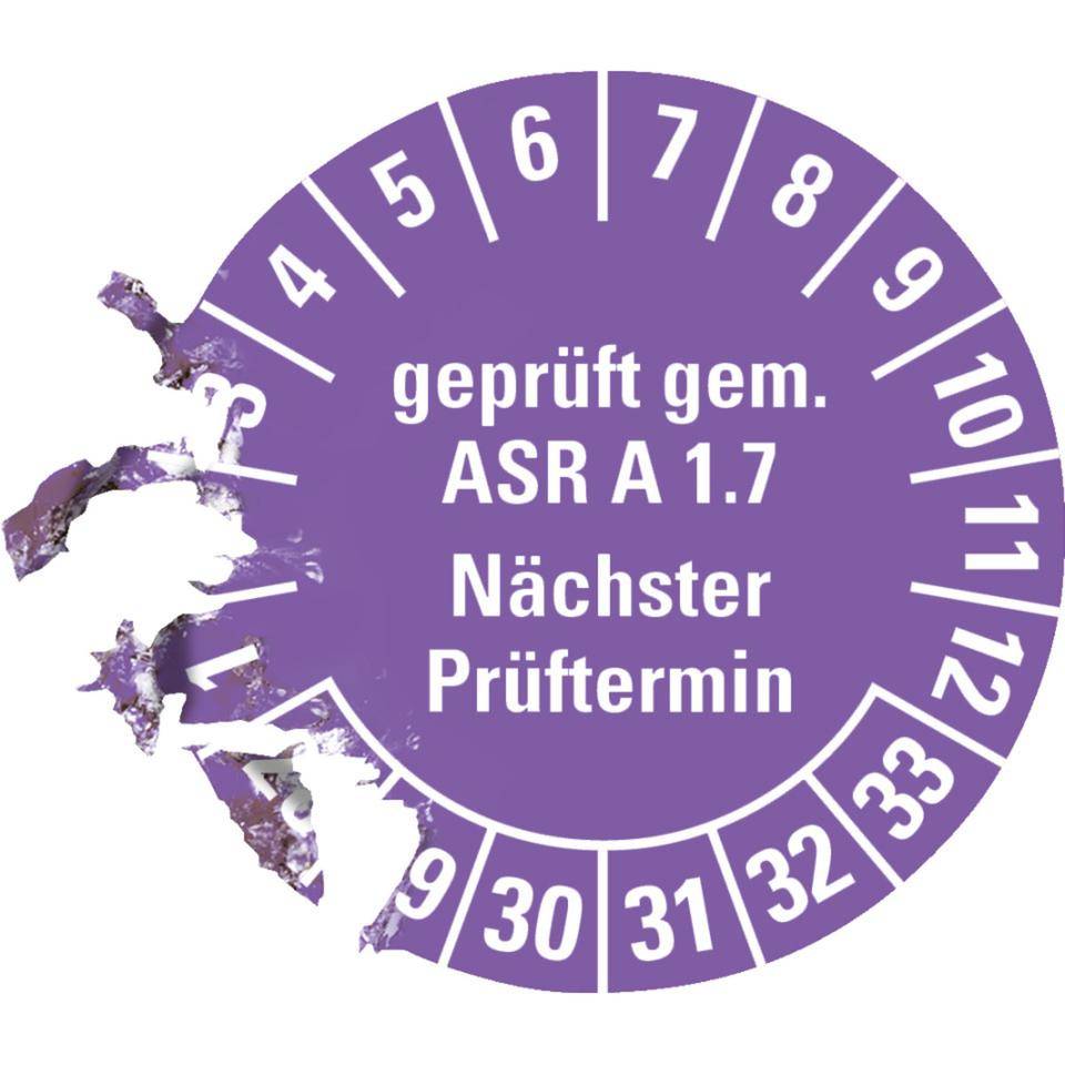Prüfplakette geprüft gemäß ASR A1.7, 28-33, violett, Dokumentenfolie, Ø30mm, 18/Bogen