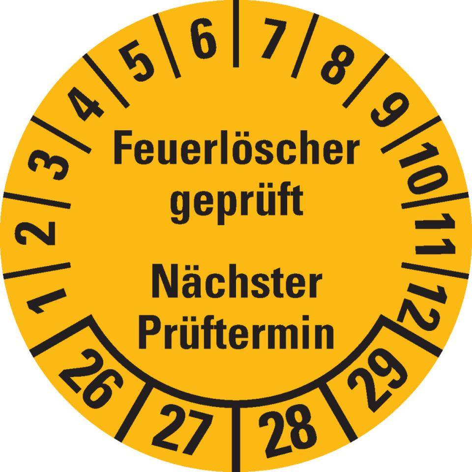 Prüfplakette Feuerlöscher geprüft, Nächster Prüftermin, 26-29, gelb, Dokumentenfolie, Ø 30mm, 18/Bogen