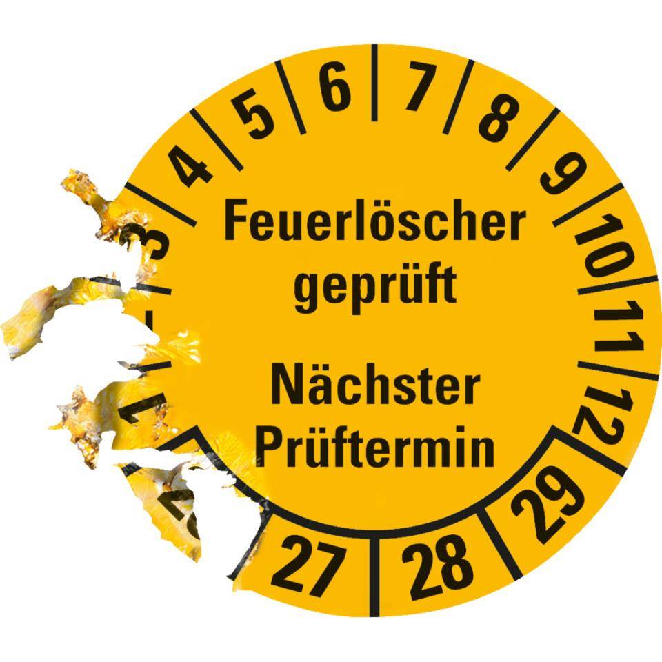 Prüfplakette Feuerlöscher geprüft, Nächster Prüftermin, 26-29, gelb, Dokumentenfolie, Ø 30mm, 18/Bogen