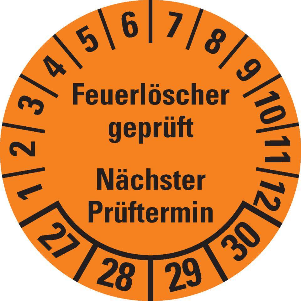 Prüfplakette Feuerlöscher geprüft, Nächster Prüftermin, 27-30, orange, Dokumentenfolie, Ø 30mm, 18/Bogen