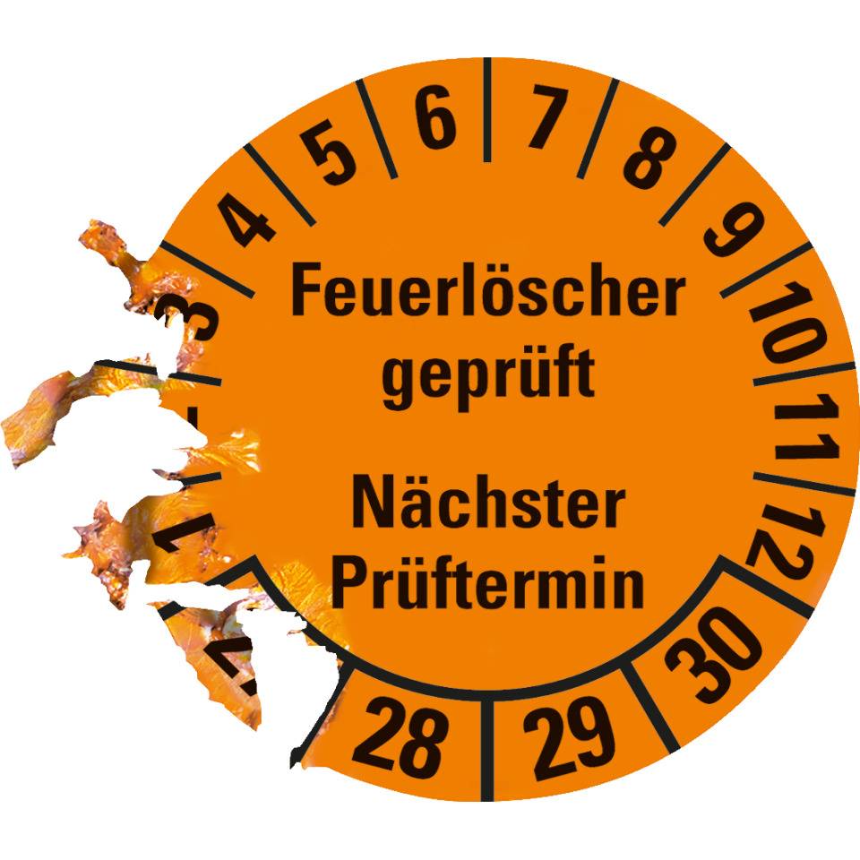Prüfplakette Feuerlöscher geprüft, Nächster Prüftermin, 27-30, orange, Dokumentenfolie, Ø 30mm, 18/Bogen