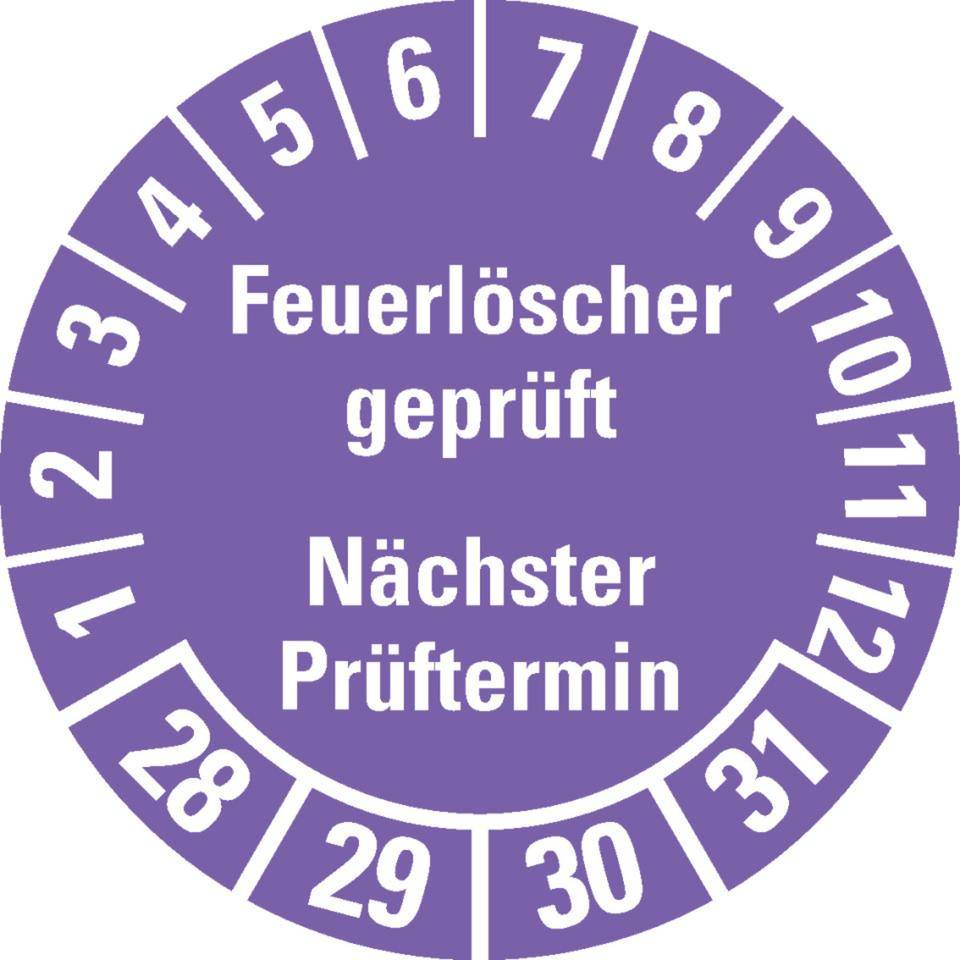 Prüfplakette Feuerlöscher geprüft, Nächster Prüftermin, 28-31, violett, Dokumentenfolie, Ø 30mm, 18/Bogen