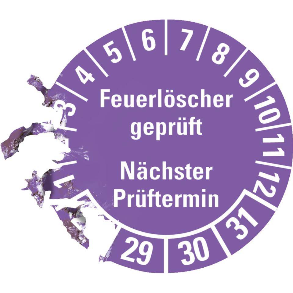 Prüfplakette Feuerlöscher geprüft, Nächster Prüftermin, 28-31, violett, Dokumentenfolie, Ø 30mm, 18/Bogen