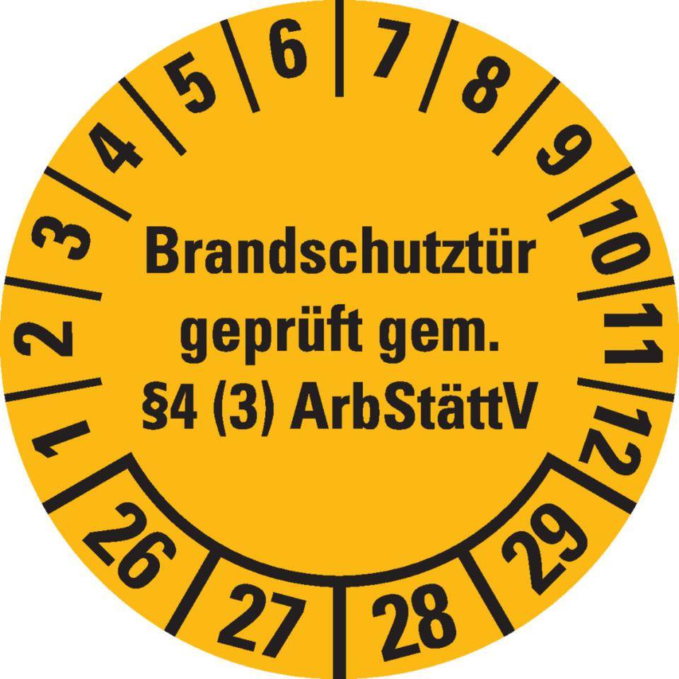 Prüfplakette Brandschutztür 26-29, gelb, Dokumentenfolie, Ø 30mm, 18/Bogen