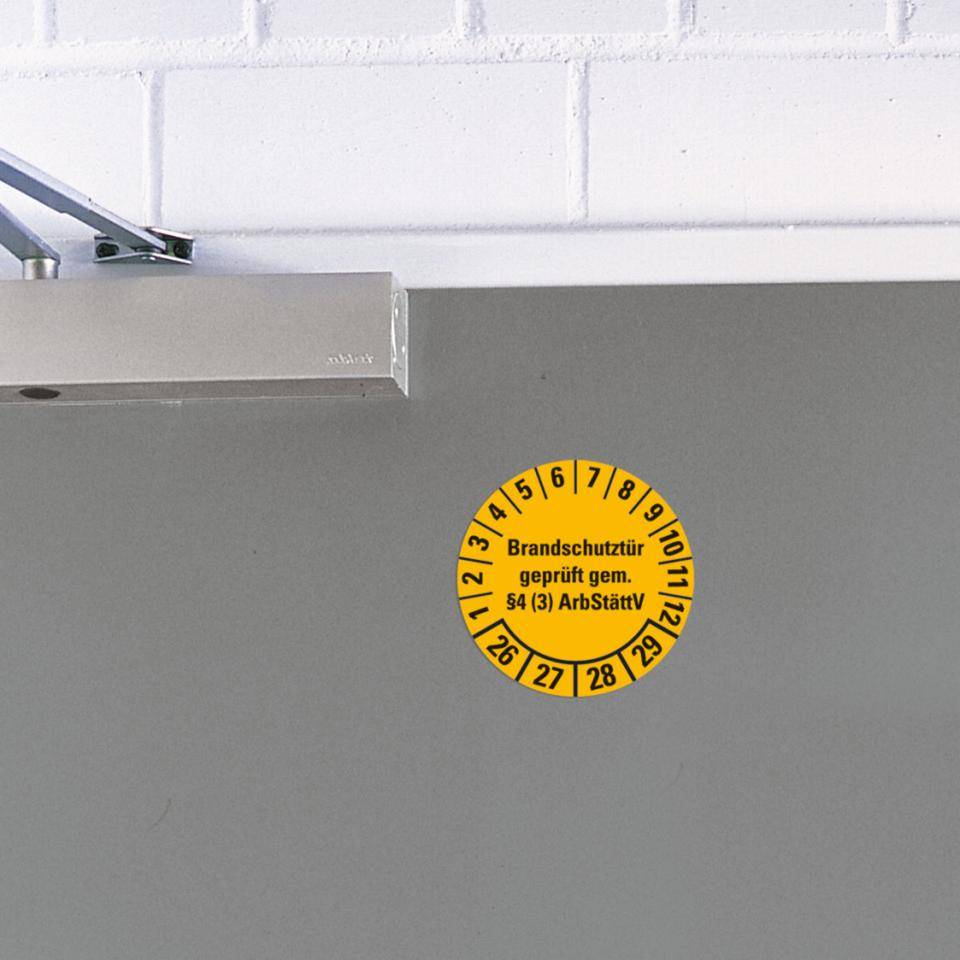 Prüfplakette Brandschutztür 26-29, gelb, Dokumentenfolie, Ø 30mm, 18/Bogen