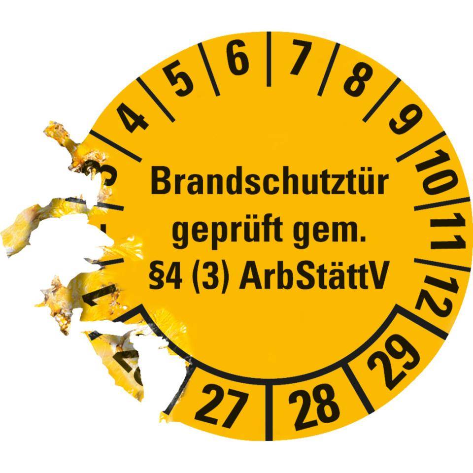 Prüfplakette Brandschutztür 26-29, gelb, Dokumentenfolie, Ø 30mm, 18/Bogen