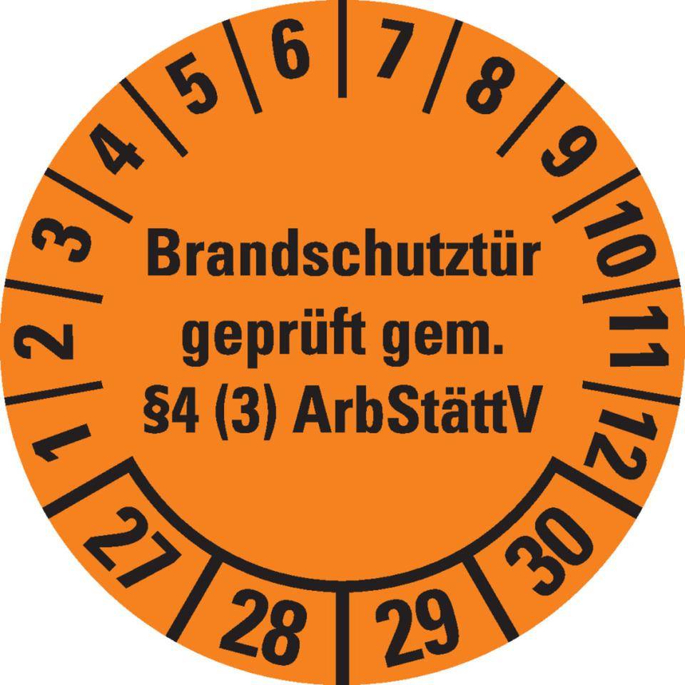 Prüfplakette Brandschutztür 27-30, orange, Dokumentenfolie, Ø 30mm, 18/Bogen