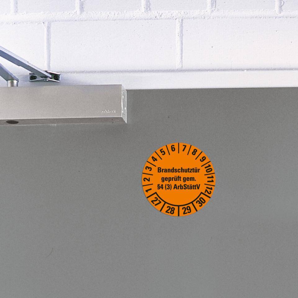 Prüfplakette Brandschutztür 27-30, orange, Dokumentenfolie, Ø 30mm, 18/Bogen