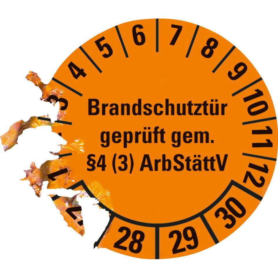 Prüfplakette Brandschutztür 27-30, orange, Dokumentenfolie, Ø 30mm, 18/Bogen